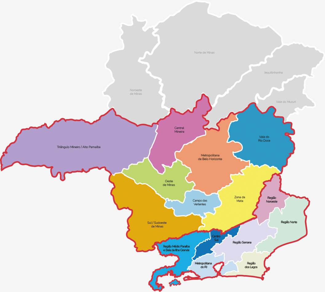 Mapa de atendimento Amare no Rio de Janeiro e Minas Gerais